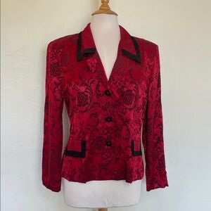Vintage Just In Thyme, Ltd. Black & Red Floral Pattern Rayon Blend Jacket/Top